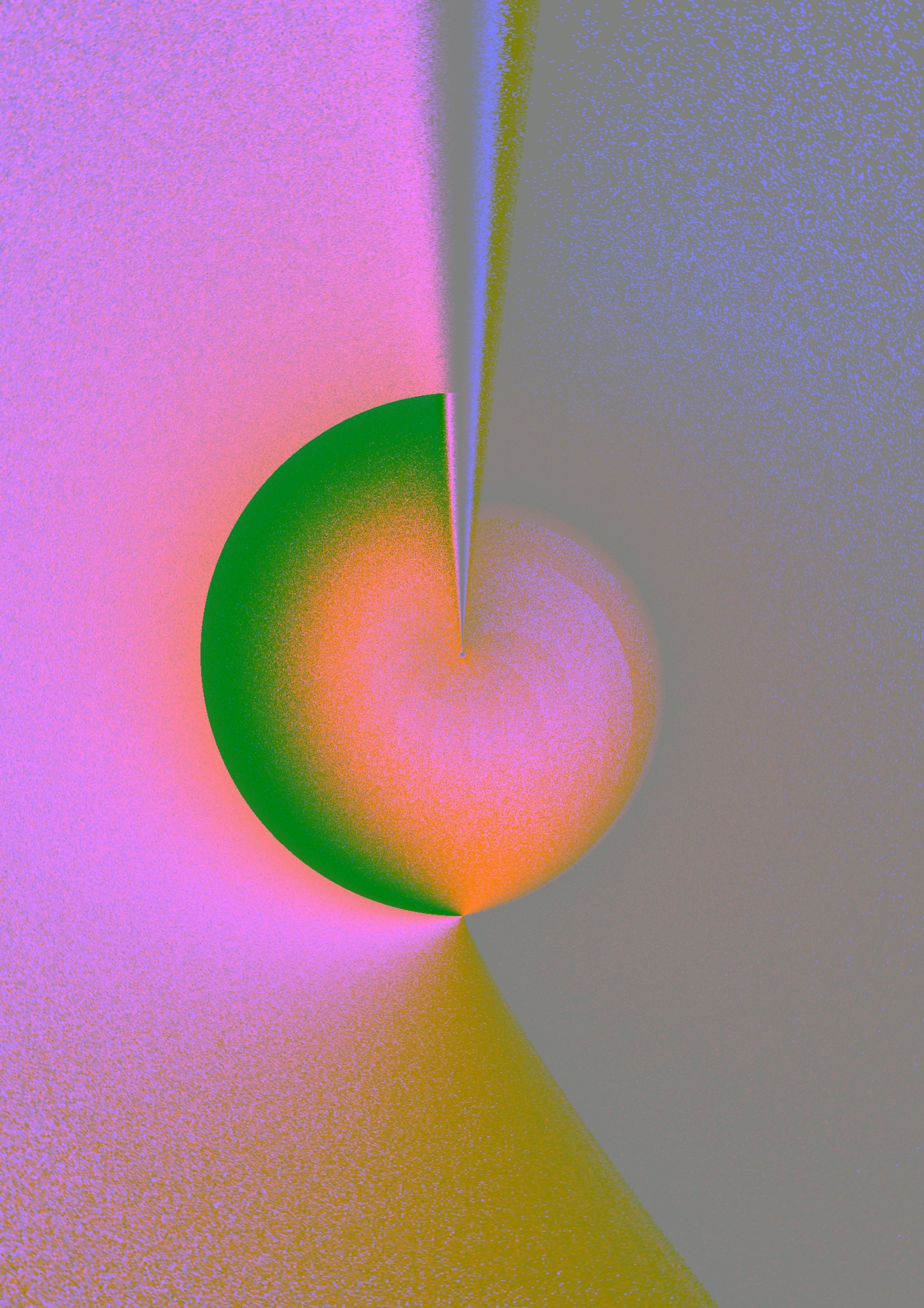 Abstract digital artwork featuring a swirling pink, green, and yellow spiral gradient with soft grainy texture.